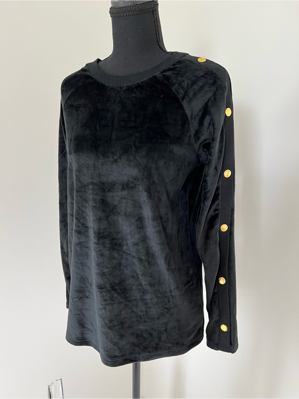 NWOT  Women's Michael Kors Black Velour Sweater Button Sleeves Size XS